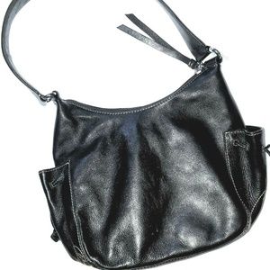 COLE HAAN Black Leather | Cream Embroidery Handbag